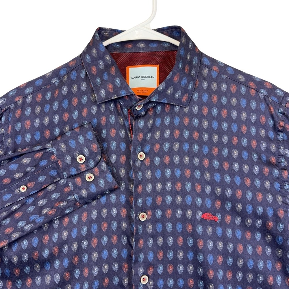 Dario Beltran Mens Large Blue Feather Print Long Sleeve Button Up Shirt 42 16.5